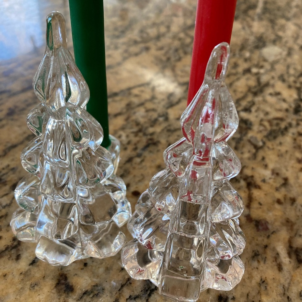 Williams-Sonoma pair of glass Xmas tree candleholders